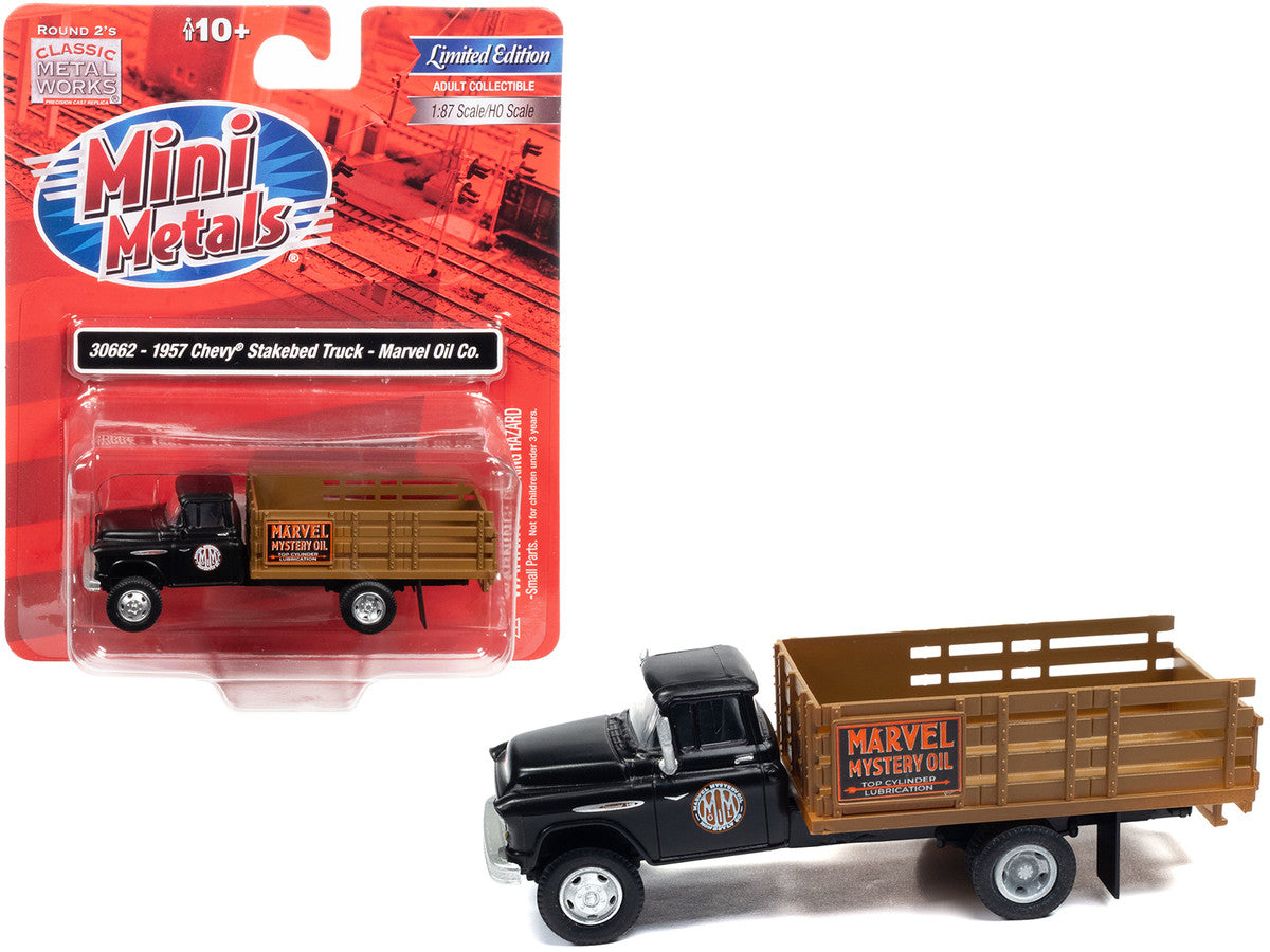 1957 Chevrolet Stakebed Truck Matt Black "Marvel Mystery Oil Co." 1/87 (HO) Scale Model Car by Classic Metal Works-0